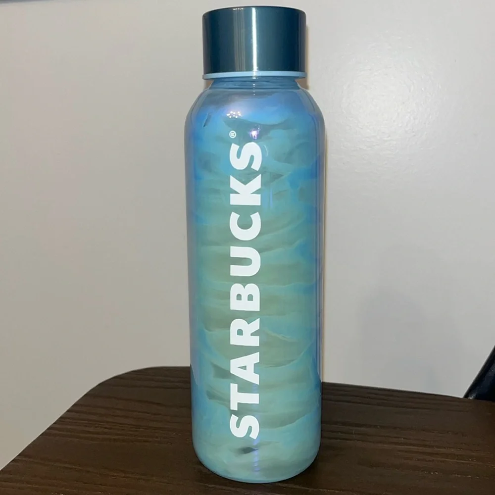 Starbucks 2024‎ Iridescent Aqua Luster Glass Water Bottle Tumbler.
